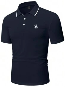Manfinity Mode Men Figure & Horse Pattern Contrast Trim Polo Shirt - Navy Blue - View 3