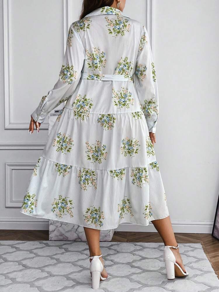 Plus Floral Print Ruffle Hem Belted Shirt Dress