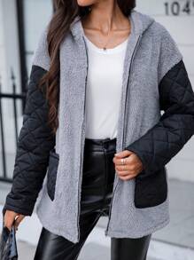 SHEIN LUNE 拼色落肩連帽泰迪大衣 - 彩色 - 查看 1