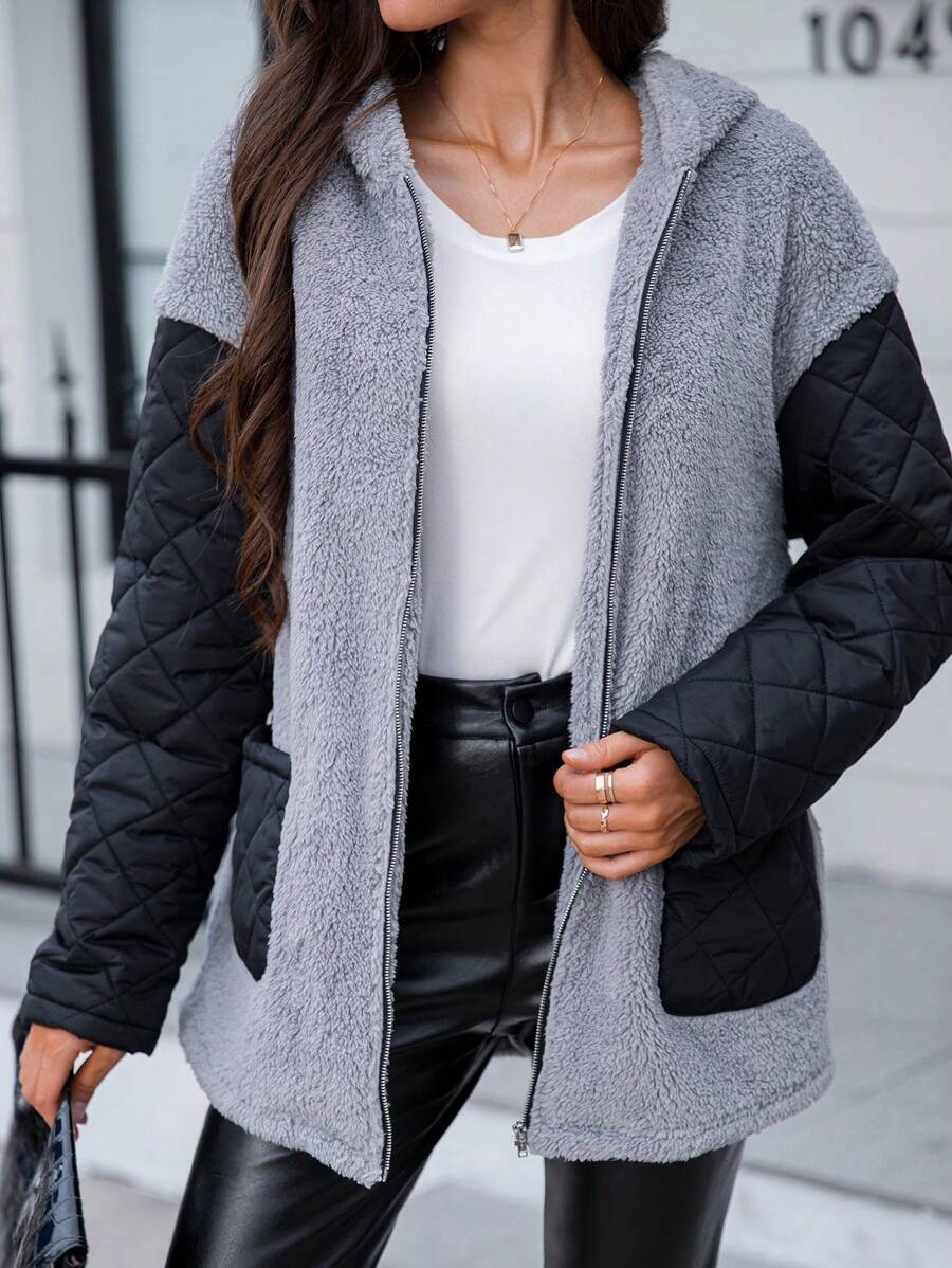 SHEIN LUNE 拼色落肩連帽泰迪大衣 - 彩色 - 查看 1