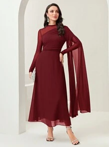 Modelyn 勃艮第红色撞色网眼褶皱连衣裙，带袖连衣裙，长款晚礼服 - 酒紅色 - 查看 5