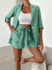 EURMUSE Striped Lapel Single-Breasted Suit Jacket And Shorts Set - Blue and White - View 1