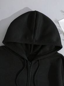 SHEIN EZwear 拉鏈開襟抽繩加絨內裏連帽衫和運動褲和短褲 - 黑色 - 查看 3