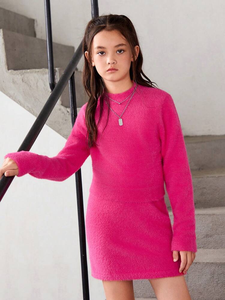 Tween Girl Mock Neck Fuzzy Crop Sweater & Knit Skirt