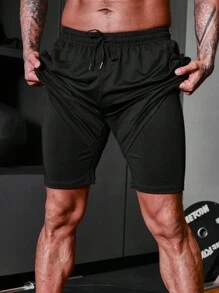 Manfinity Running Boyfriend Style Men Letter Graphic Drawstring Waist 2 In 1 Sports Shorts Gym Shorts - Black - View 3