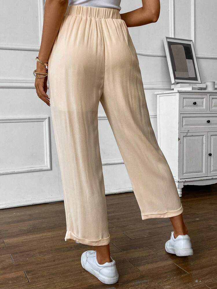Solid Knot Front Cuffed Hem Straight Leg Pants
