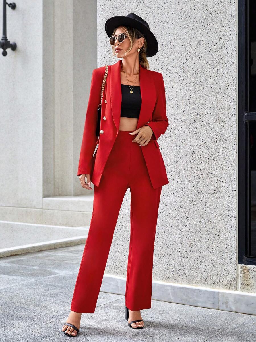 SHEIN Unity 青果領雙排釦西裝外套和褲子 - 紅色 - 查看 1