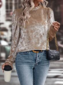 SHEIN LUNE Mock Neck Puff Sleeve Tee - Champagne - View 1