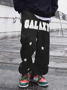 Manfinity EMRG 男士星星&字母圖形束腰寬鬆運動褲 - 黑色 - 查看 3