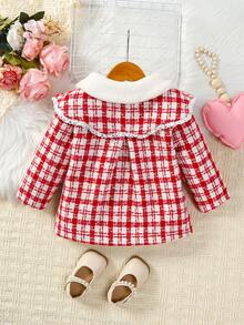 Baby Girl Plaid Print Statement Collar Overcoat - Red - View 2