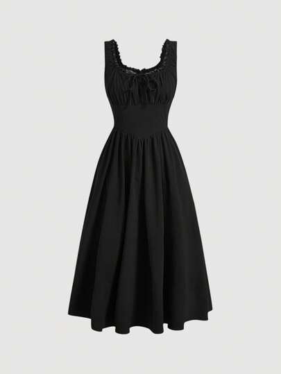 SHEIN MOD 素色蕾絲邊胸部褶皺洋裝