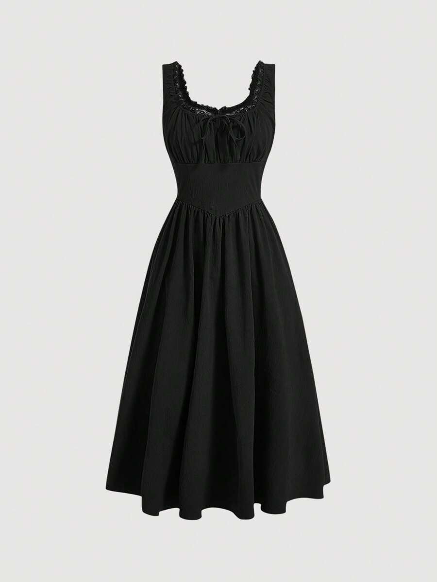 SHEIN MOD Solid Lace Trim Ruched Bust Dress - Black - View 1