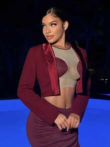 SHEIN SXY Solid Shawl Collar Crop Jacket - Burgundy - View 5