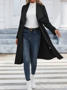 SHEIN Clasi 瀑布領卷袢袖風衣 - 黑色 - 查看 4