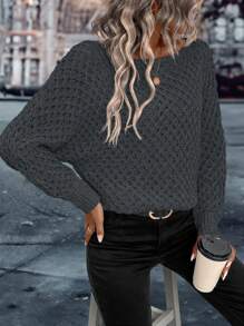 SHEIN Clasi Solid Batwing Sleeve Sweater - Dark Grey - View 5