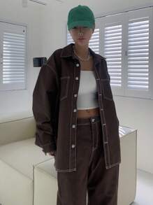 FRIFUL Của phụ nữ Thả vai Áo khoác denim - Cà phê nâu - Xem 7