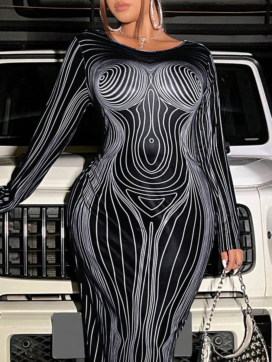 SHEIN ICON 大碼身體印花緊身洋裝 - 白色 - 查看 1