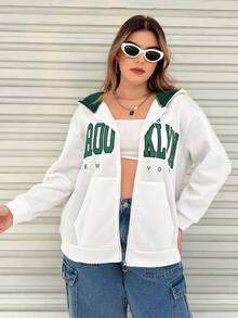 Flirla Áo nỉ dáng rộng, có khóa kéo, dây rút, in chữ, kiểu vai rớt - trắng - Xem 4