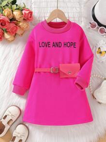SHEIN 女小童字母圖案衛衣洋裝帶腰包 - 玫紅色 - 查看 1