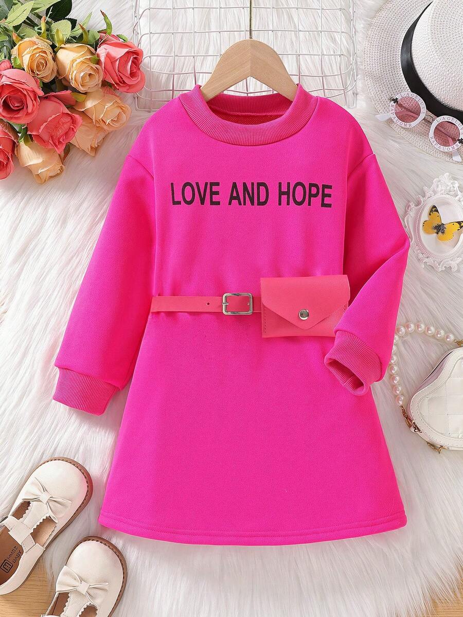 SHEIN 女小童字母圖案衛衣洋裝帶腰包 - 玫紅色 - 查看 1