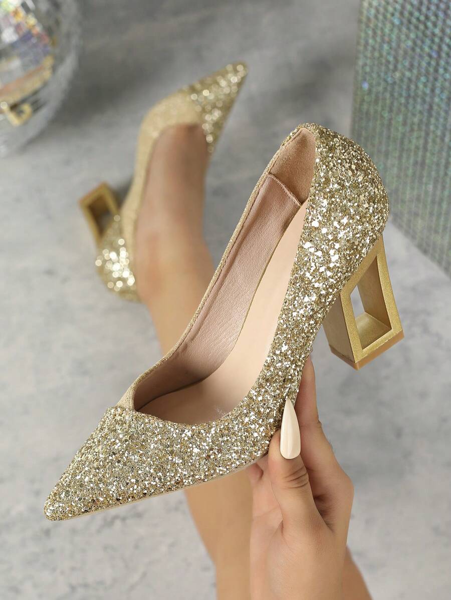 Women's Pointed Toe Versatile French Style Chunky Heel Slip-On Pumps, Comfortable Minimalist Elegant High Heels For Party & Formal Occasions