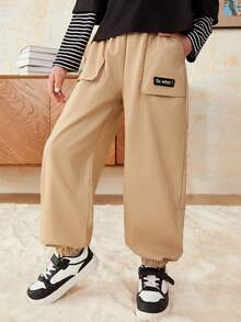 SHEIN Tween Boy Letter Patched Detail Flap Pocket Side Pants - Khaki - View 4