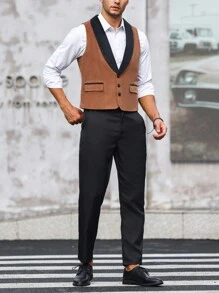 Calvornis Men Contrast Panel Shawl Collar Blazer Vest & Suit Pants