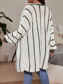 SHEIN LUNE Plus Striped Pattern Drop Shoulder Duster Cardigan - Black and White - View 2
