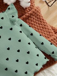 SHEIN Leap Crew Young Girl Heart Print Ruffle Trim Mock Neck Tee - Green - View 3