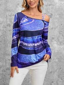 EMERY ROSE Asymmetrical Neck Graphic Print Tee - Blue - View 4