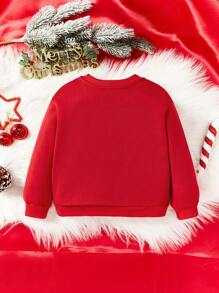 SHEIN Christmas, Cute Deer Graphic, Young Girls Casual Comfortable Thick Long Sleeve Knitted Sweatshirt Pullover, Suitable For Autumn/Winter