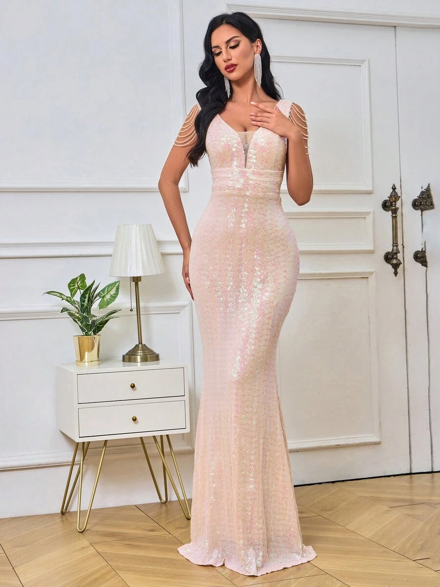Vestido de fiesta bajo sirena con lentejuelas - Rosa Pálido - Ver 1