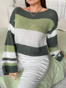 Flirla Plus Color Block Drop Shoulder Sweater - Green - View 4
