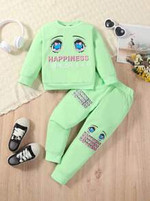 SHEIN 女小童人物和字母圖案套頭衫和運動褲 - 綠色 - 查看 1