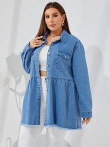 SHEIN Privé 大碼翻蓋口袋毛邊牛仔夾克 - 中等水洗藍 - 查看 3