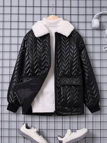 SHEIN Tween Boy 1pc Borg Collar Flap Pocket Padded Coat - Black - View 1