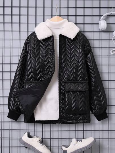 SHEIN Tween Boy 1pc Borg Collar Flap Pocket Padded Coat