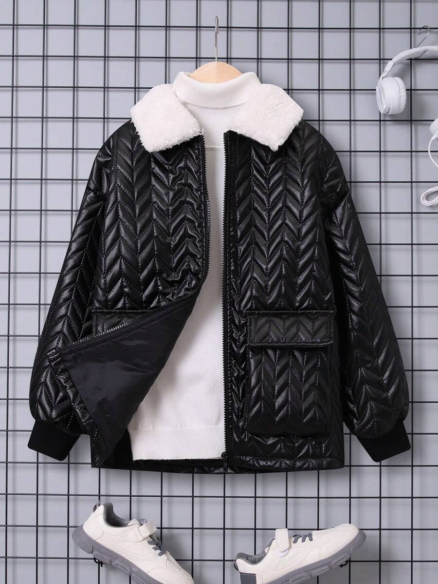 SHEIN Tween Boy 1pc Borg Collar Flap Pocket Padded Coat - Black - View 1