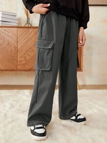 SHEIN Tween Boy Letter Graphic Flap Pocket Side Cargo Pants - Grey - View 6