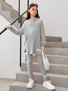 SHEIN Tween 女孩字母貼片落肩連帽運動衫和緊身褲 - 灰色 - 查看 4