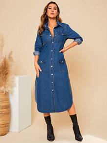 SHEIN Privé Flap Pocket Button Front Split Side Denim Dress - Dark Wash - View 3