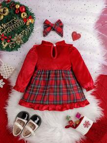 SHEIN Baby Girl Tartan Print Ruffle Trim Flare Sleeve Dress & Headband, For Christmas