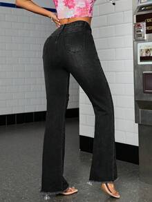 SHEIN ICON 高腰心形搭扣細節牛仔喇叭褲 - 黑色 - 查看 2