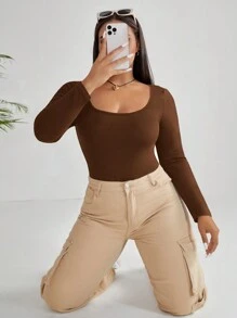SHEIN EZwear Plus Solid Scoop Neck Bodysuit - Brown - View 4