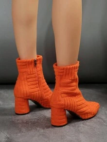 新風格粗跟純的顏色尖頭踝絲絨側拉鏈經典女性時尚靴子,優雅秋天&冬天橘色高跟鞋靴子 - 橘色 - 查看 2