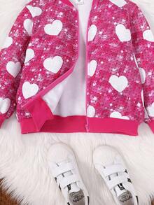 SHEIN Young Girl Heart Print Bomber Jacket - Pink - View 6