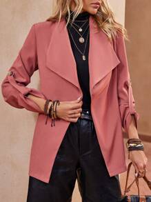 SHEIN LUNE Waterfall Collar Roll Tab Sleeve Open Front Coat - Burnt Orange - View 3