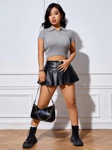 SHEIN EZwear 星星刺繡前紐扣針織短上衣 - 灰色 - 查看 5