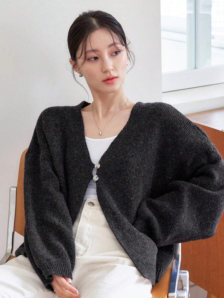 DAZY Button Front Drop Shoulder Cardigan - Dark Grey - View 1
