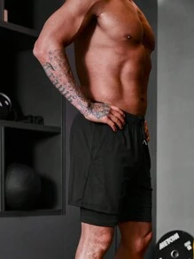 Manfinity Running Boyfriend Style Men Letter Graphic Drawstring Waist 2 In 1 Sports Shorts Gym Shorts - Black - View 4